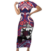 Personalised Samoa Gym Short Sleeve Bodycon Dress Muscle Samoan Tribal Waves DT05 Long Dress Navy - Polynesian Pride