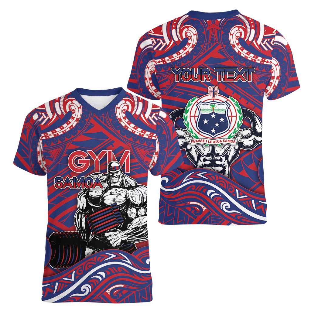 Personalised Samoa Gym Women V-Neck T-Shirt Muscle Samoan Tribal Waves - Polynesian Pride