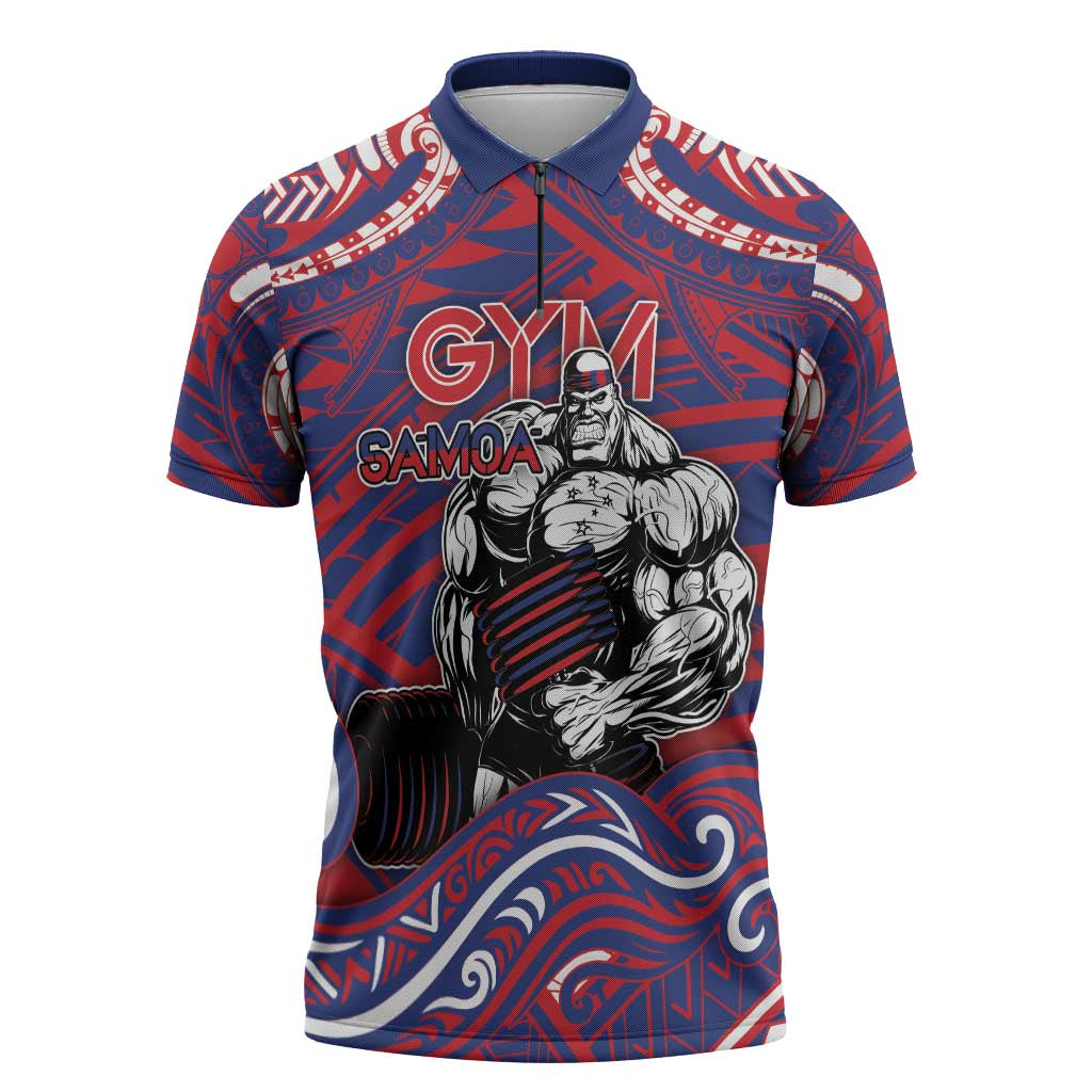 Personalised Samoa Gym Zipper Polo Shirt Muscle Samoan Tribal Waves DT05 Navy - Polynesian Pride