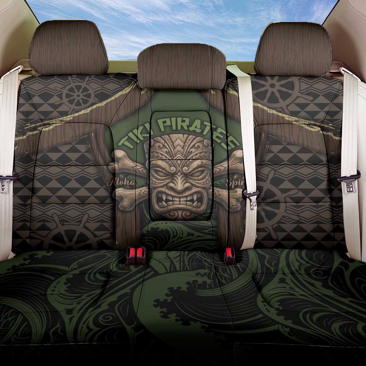 Hawaii Tiki Pirates Back Car Seat Cover Kakau Pattern Polynesian Style DT05 One Size Green - Polynesian Pride