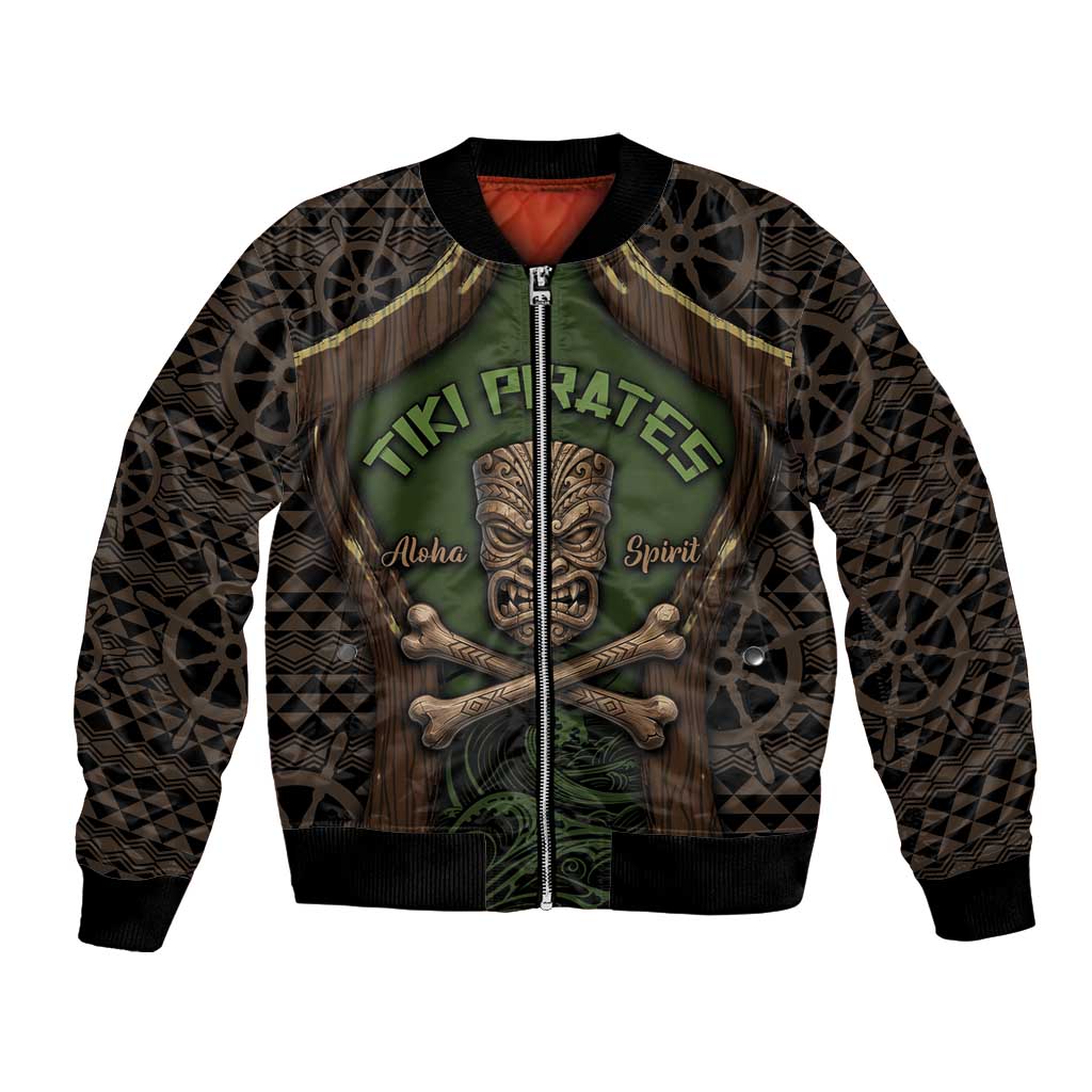 Personalised Hawaii Tiki Pirates Bomber Jacket Kakau Pattern Polynesian Style DT05 Unisex Green - Polynesian Pride
