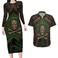 Personalised Hawaii Tiki Pirates Couples Matching Long Sleeve Bodycon Dress and Hawaiian Shirt Kakau Pattern Polynesian Style DT05 Green - Polynesian Pride
