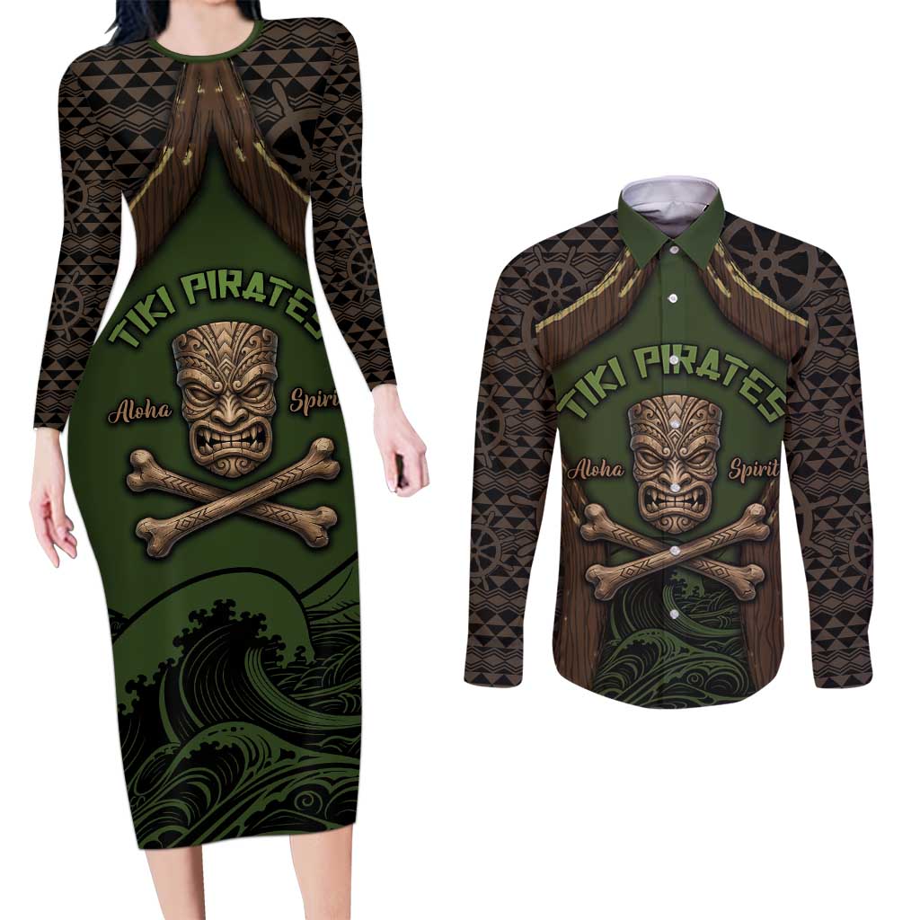 Personalised Hawaii Tiki Pirates Couples Matching Long Sleeve Bodycon Dress and Long Sleeve Button Shirt Kakau Pattern Polynesian Style