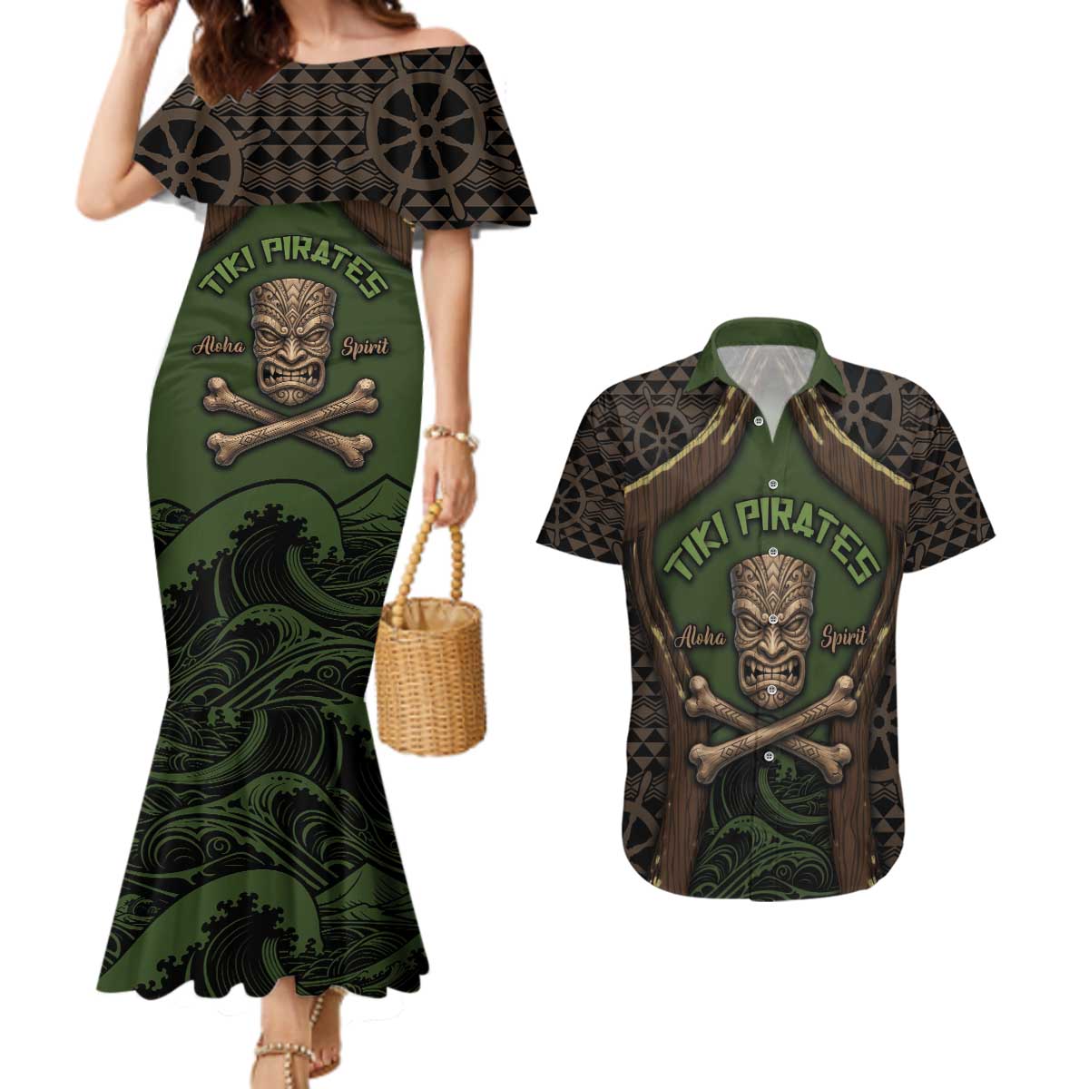 Personalised Hawaii Tiki Pirates Couples Matching Mermaid Dress and Hawaiian Shirt Kakau Pattern Polynesian Style DT05 Green - Polynesian Pride