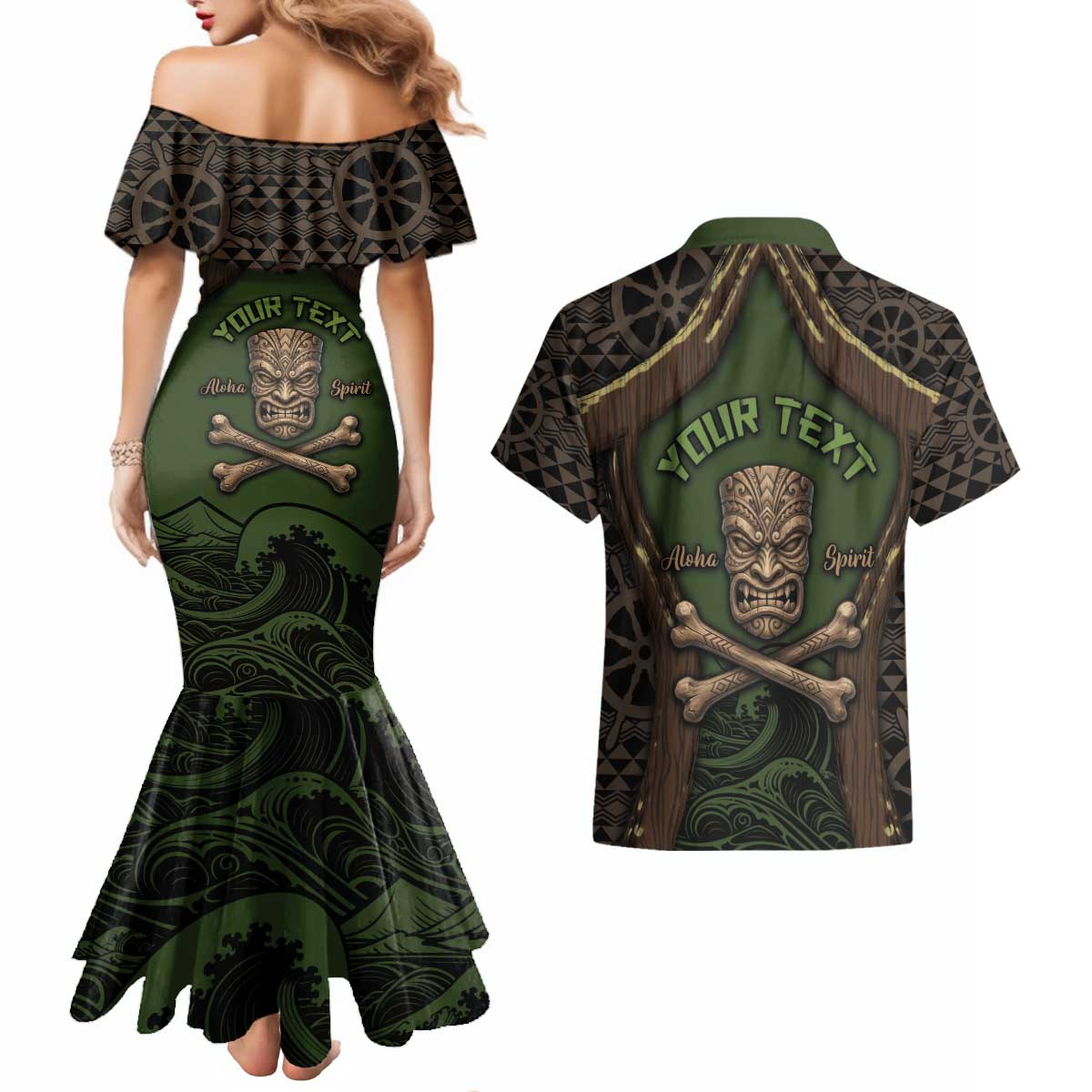 Personalised Hawaii Tiki Pirates Couples Matching Mermaid Dress and Hawaiian Shirt Kakau Pattern Polynesian Style DT05 - Polynesian Pride