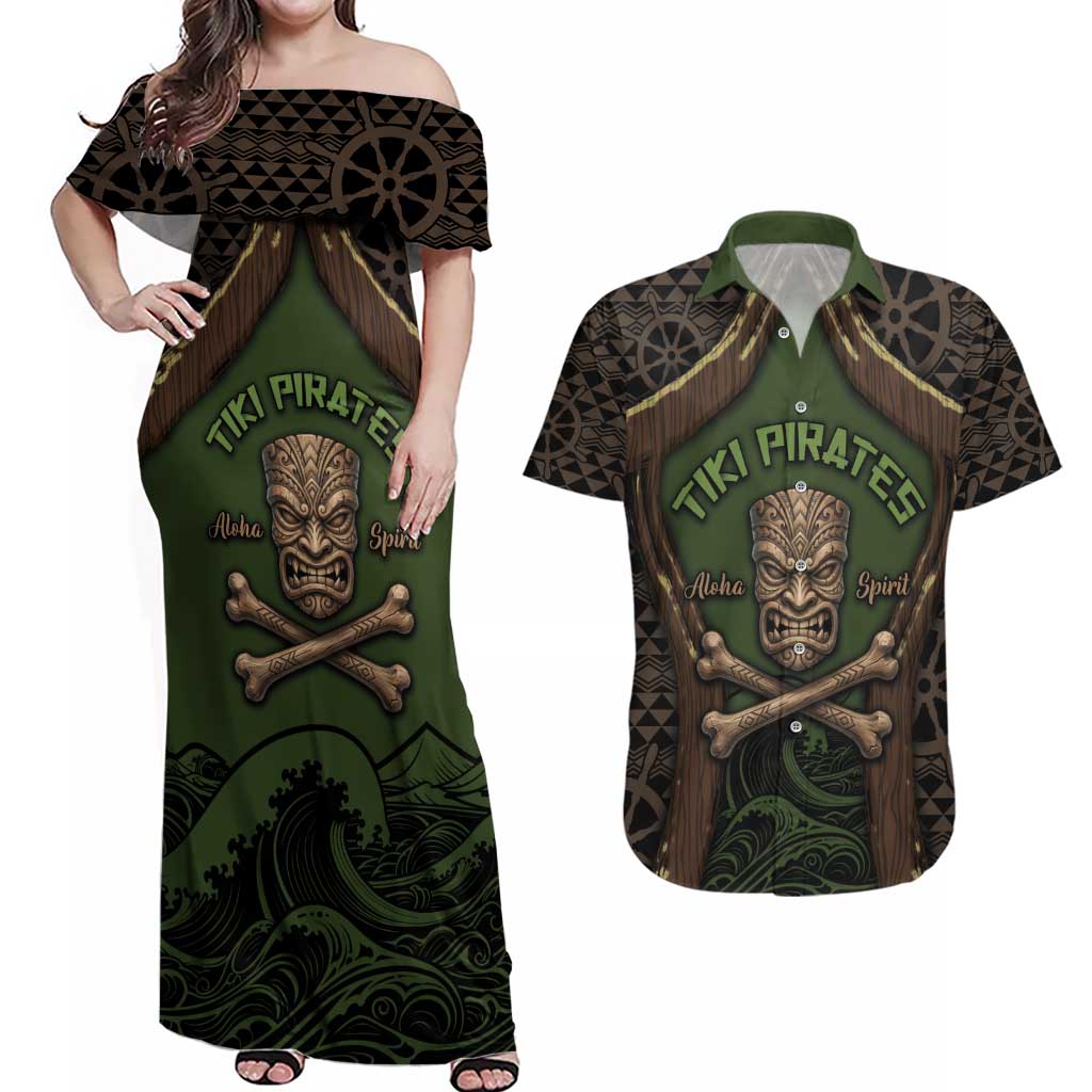 Personalised Hawaii Tiki Pirates Couples Matching Off Shoulder Maxi Dress and Hawaiian Shirt Kakau Pattern Polynesian Style
