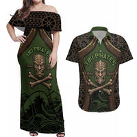 Personalised Hawaii Tiki Pirates Couples Matching Off Shoulder Maxi Dress and Hawaiian Shirt Kakau Pattern Polynesian Style