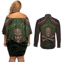 Personalised Hawaii Tiki Pirates Couples Matching Off Shoulder Short Dress and Long Sleeve Button Shirt Kakau Pattern Polynesian Style