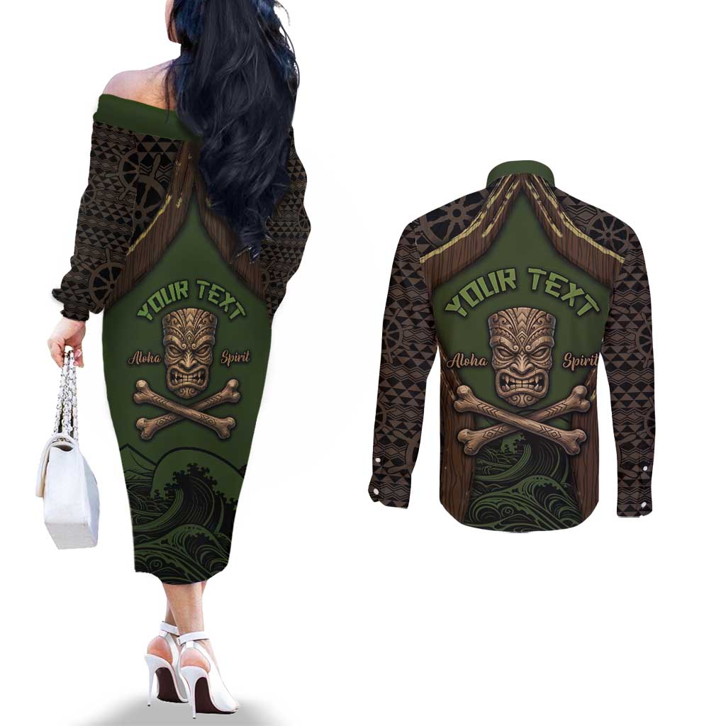 Personalised Hawaii Tiki Pirates Couples Matching Off The Shoulder Long Sleeve Dress and Long Sleeve Button Shirt Kakau Pattern Polynesian Style DT05 - Polynesian Pride