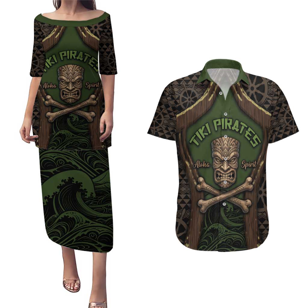 Personalised Hawaii Tiki Pirates Couples Matching Puletasi and Hawaiian Shirt Kakau Pattern Polynesian Style