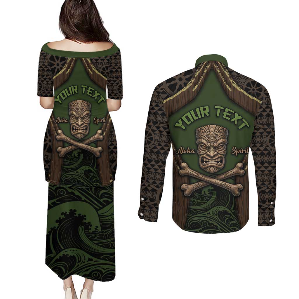 Personalised Hawaii Tiki Pirates Couples Matching Puletasi and Long Sleeve Button Shirt Kakau Pattern Polynesian Style
