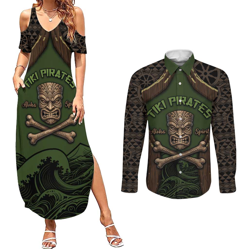 Personalised Hawaii Tiki Pirates Couples Matching Summer Maxi Dress and Long Sleeve Button Shirt Kakau Pattern Polynesian Style