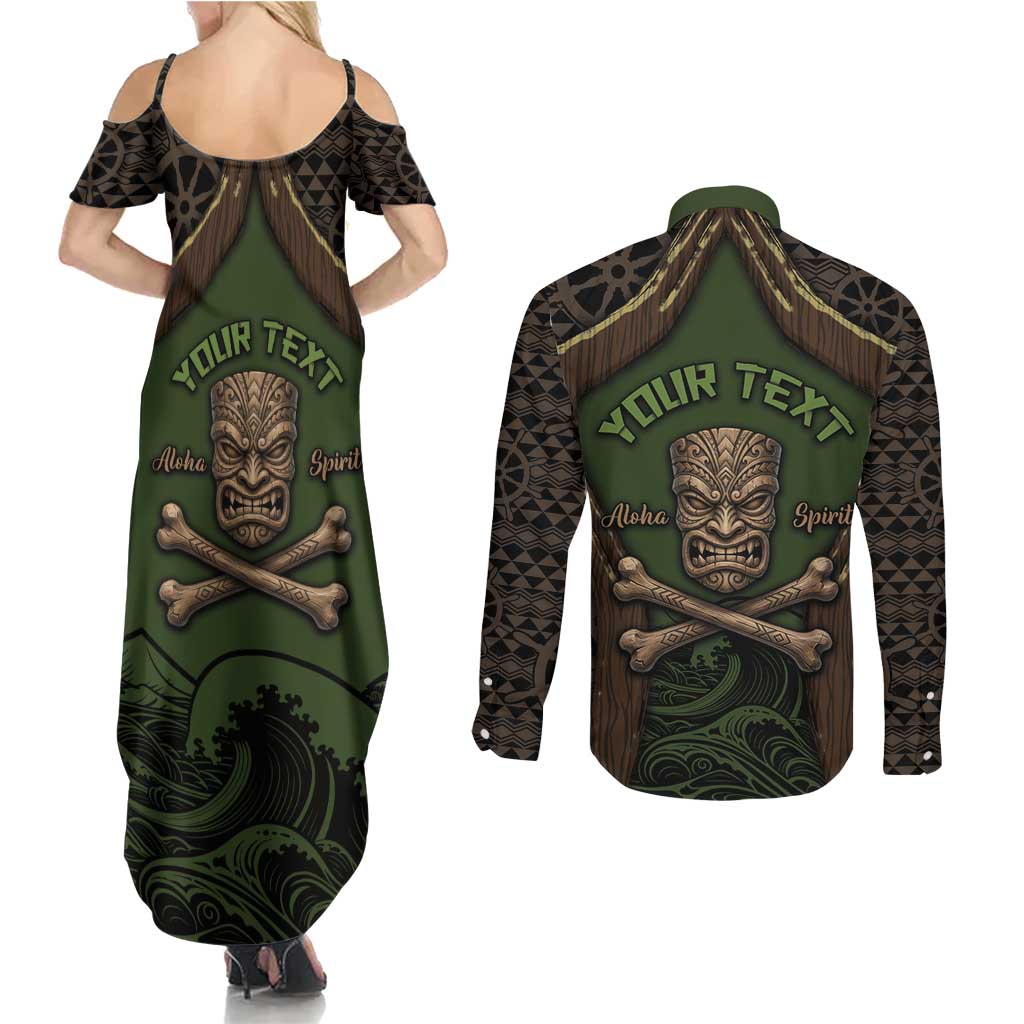 Personalised Hawaii Tiki Pirates Couples Matching Summer Maxi Dress and Long Sleeve Button Shirt Kakau Pattern Polynesian Style