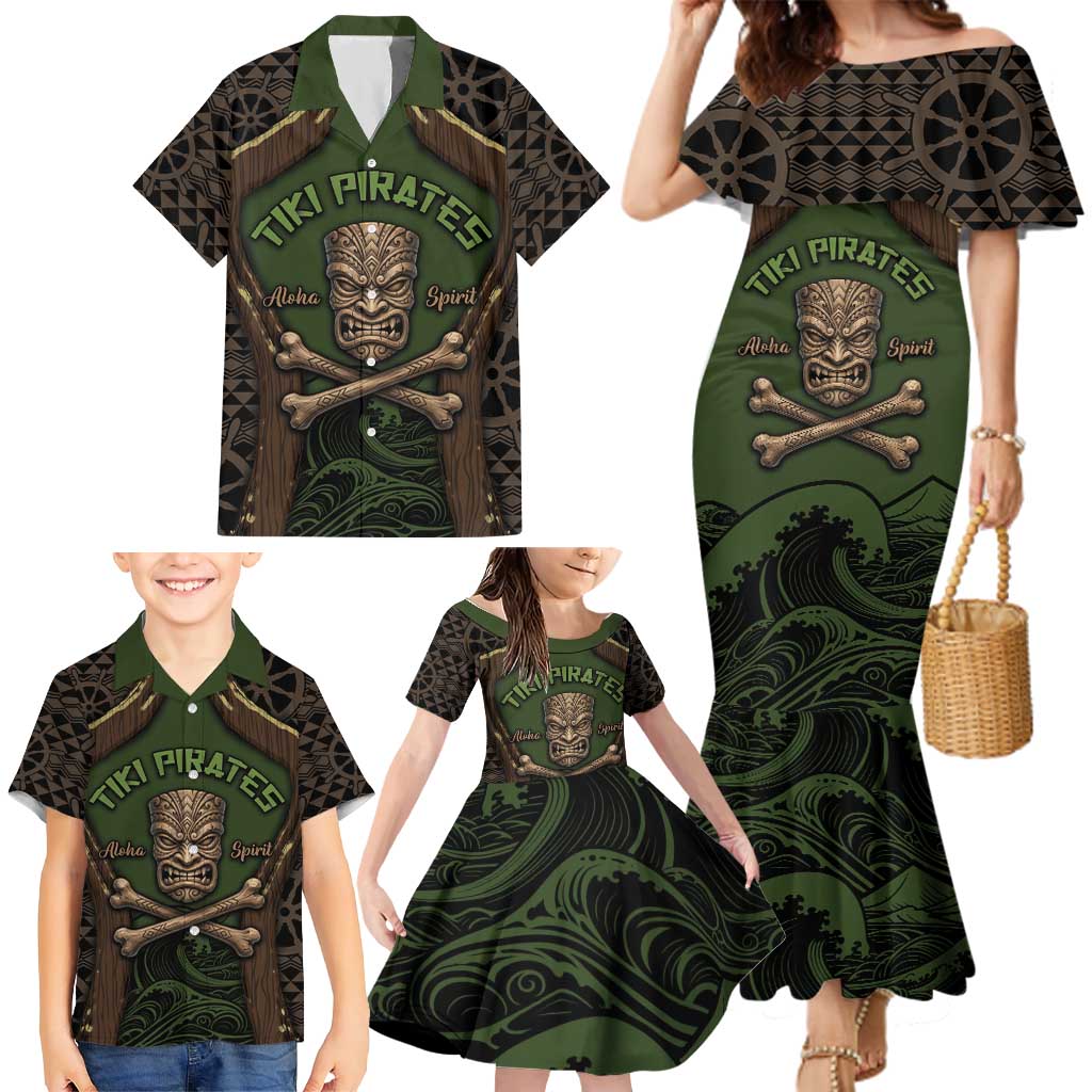 Personalised Hawaii Tiki Pirates Family Matching Mermaid Dress and Hawaiian Shirt Kakau Pattern Polynesian Style