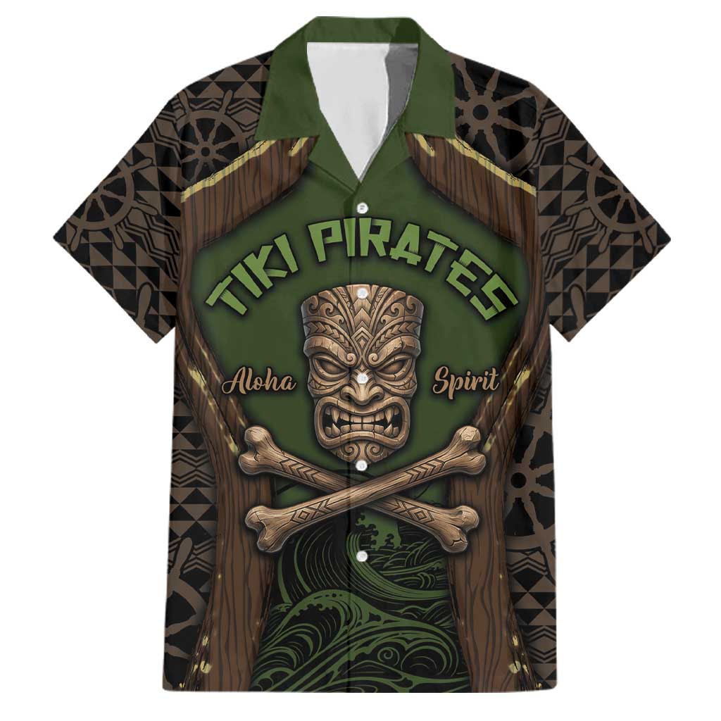 Personalised Hawaii Tiki Pirates Family Matching Puletasi and Hawaiian Shirt Kakau Pattern Polynesian Style DT05 Dad's Shirt - Short Sleeve Green - Polynesian Pride