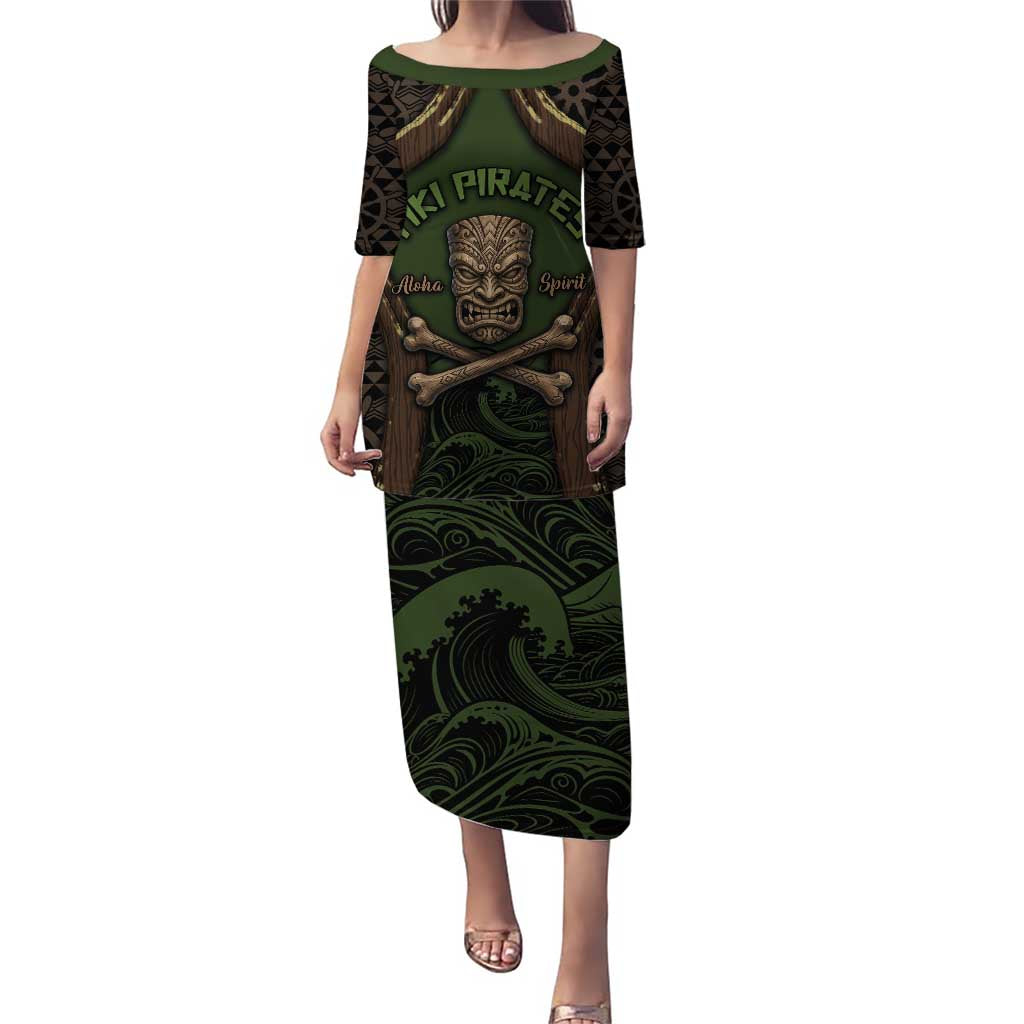 Personalised Hawaii Tiki Pirates Family Matching Puletasi and Hawaiian Shirt Kakau Pattern Polynesian Style DT05 Mom's Dress Green - Polynesian Pride