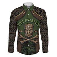 Personalised Hawaii Tiki Pirates Family Matching Summer Maxi Dress and Hawaiian Shirt Kakau Pattern Polynesian Style DT05 Dad's Shirt - Long Sleeve Green - Polynesian Pride