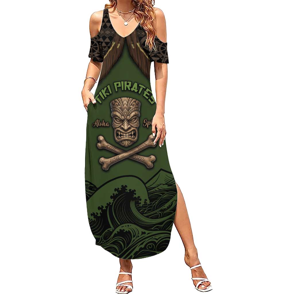 Personalised Hawaii Tiki Pirates Family Matching Summer Maxi Dress and Hawaiian Shirt Kakau Pattern Polynesian Style DT05 Mom's Dress Green - Polynesian Pride