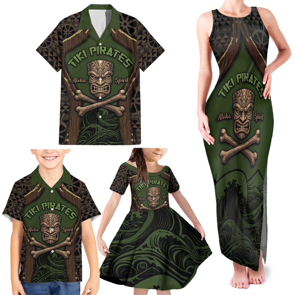 Personalised Hawaii Tiki Pirates Family Matching Tank Maxi Dress and Hawaiian Shirt Kakau Pattern Polynesian Style