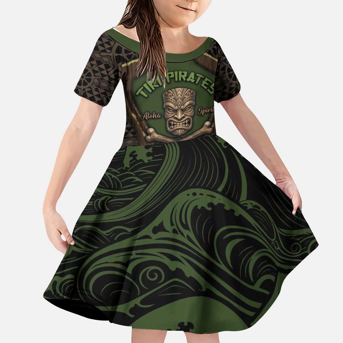 Personalised Hawaii Tiki Pirates Kid Short Sleeve Dress Kakau Pattern Polynesian Style