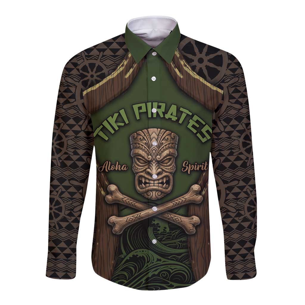 Personalised Hawaii Tiki Pirates Long Sleeve Button Shirt Kakau Pattern Polynesian Style
