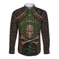 Personalised Hawaii Tiki Pirates Long Sleeve Button Shirt Kakau Pattern Polynesian Style