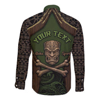 Personalised Hawaii Tiki Pirates Long Sleeve Button Shirt Kakau Pattern Polynesian Style
