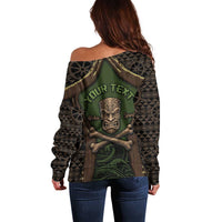 Personalised Hawaii Tiki Pirates Off Shoulder Sweater Kakau Pattern Polynesian Style
