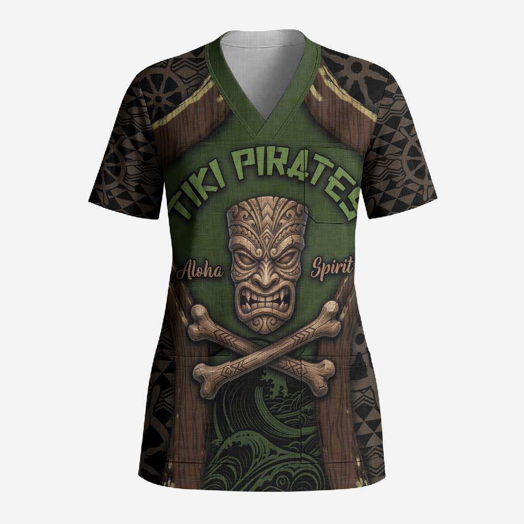 Personalised Hawaii Tiki Pirates Scrub Top Kakau Pattern Polynesian Style