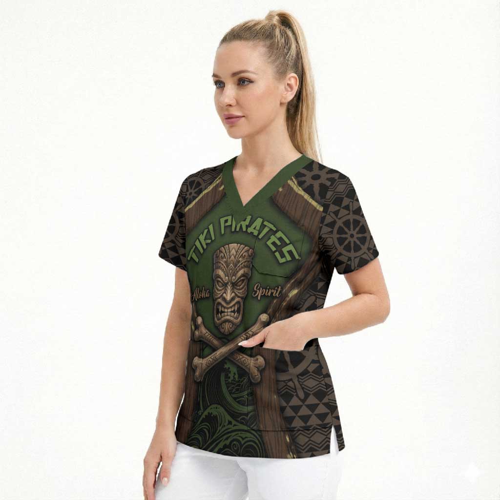 Personalised Hawaii Tiki Pirates Scrub Top Kakau Pattern Polynesian Style