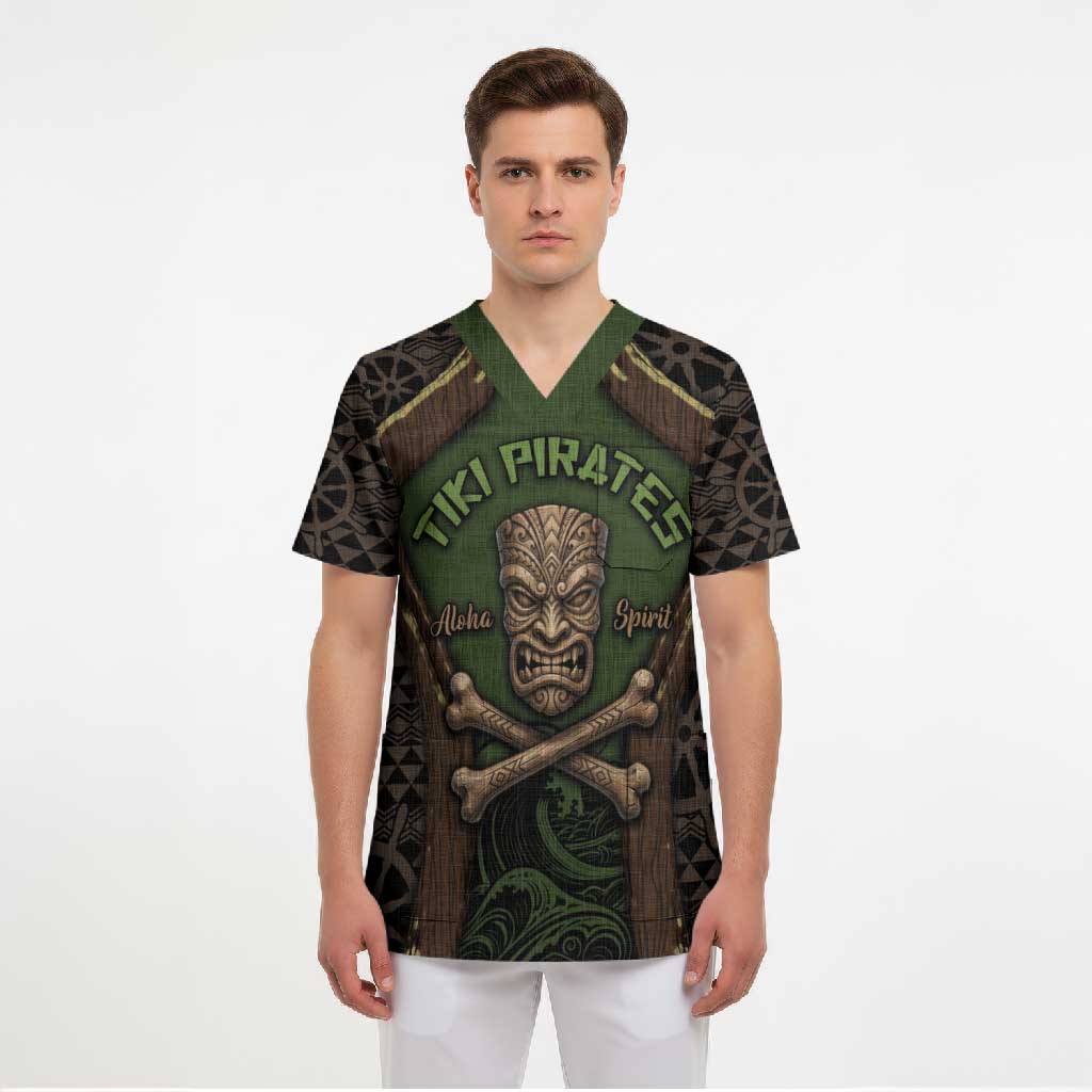 Personalised Hawaii Tiki Pirates Scrub Top Kakau Pattern Polynesian Style