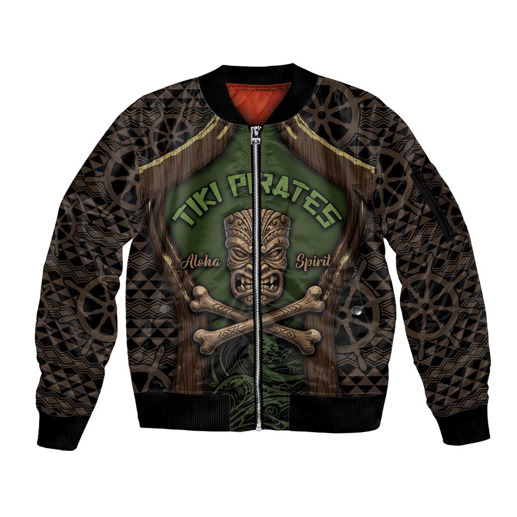 Personalised Hawaii Tiki Pirates Sleeve Zip Bomber Jacket Kakau Pattern Polynesian Style DT05 Unisex Green - Polynesian Pride