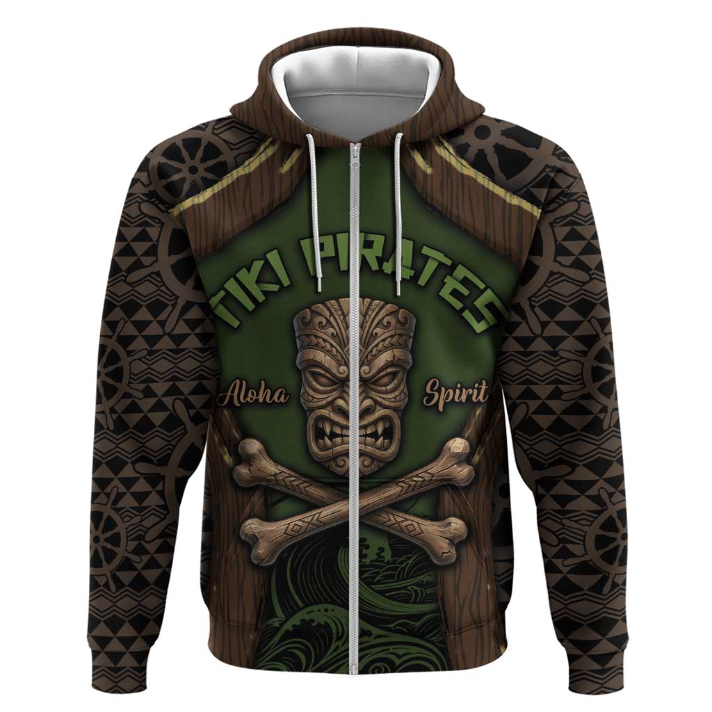 Personalised Hawaii Tiki Pirates Zip Hoodie Kakau Pattern Polynesian Style DT05 Zip Hoodie Green - Polynesian Pride
