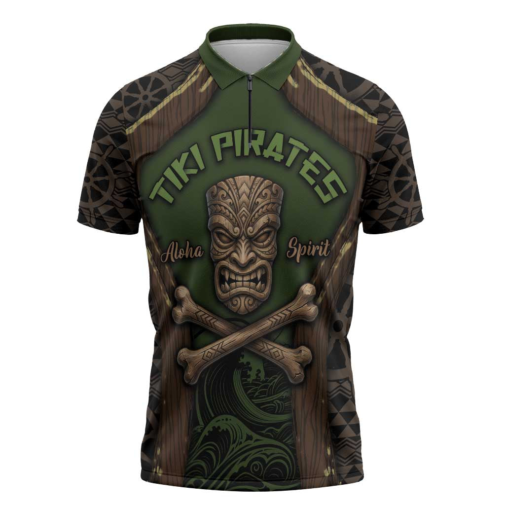 Personalised Hawaii Tiki Pirates Zipper Polo Shirt Kakau Pattern Polynesian Style