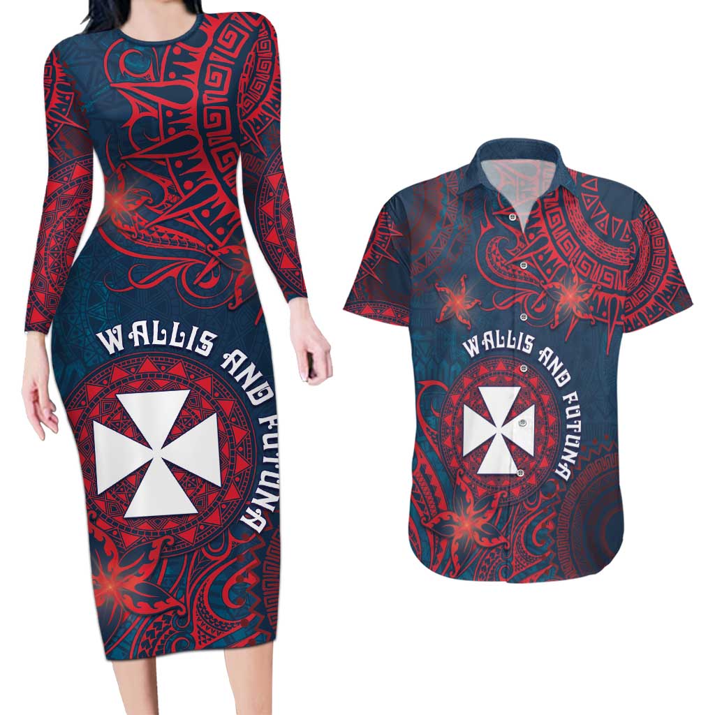 Personalised Wallis And Futuna Couples Matching Long Sleeve Bodycon Dress and Hawaiian Shirt Hibiscus Polynesian Tribal Pattern DT05 Navy - Polynesian Pride
