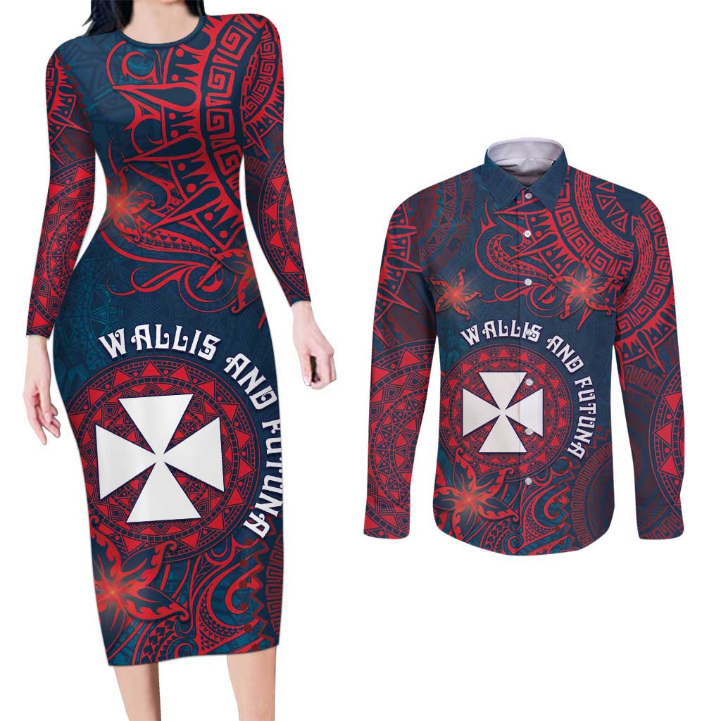 Personalised Wallis And Futuna Couples Matching Long Sleeve Bodycon Dress and Long Sleeve Button Shirt Hibiscus Polynesian Tribal Pattern DT05 Navy - Polynesian Pride