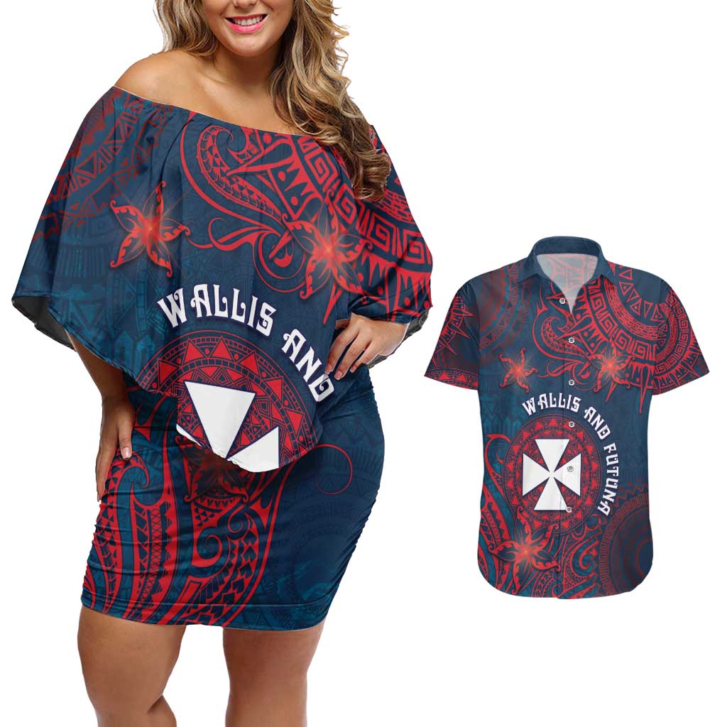 Personalised Wallis And Futuna Couples Matching Off Shoulder Short Dress and Hawaiian Shirt Hibiscus Polynesian Tribal Pattern DT05 Navy - Polynesian Pride