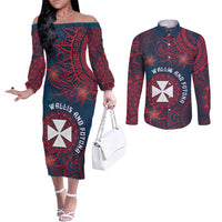 Personalised Wallis And Futuna Couples Matching Off The Shoulder Long Sleeve Dress and Long Sleeve Button Shirt Hibiscus Polynesian Tribal Pattern DT05 Navy - Polynesian Pride