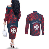 Personalised Wallis And Futuna Couples Matching Off The Shoulder Long Sleeve Dress and Long Sleeve Button Shirt Hibiscus Polynesian Tribal Pattern DT05 - Polynesian Pride