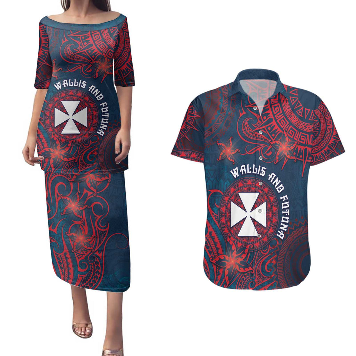Personalised Wallis And Futuna Couples Matching Puletasi and Hawaiian Shirt Hibiscus Polynesian Tribal Pattern
