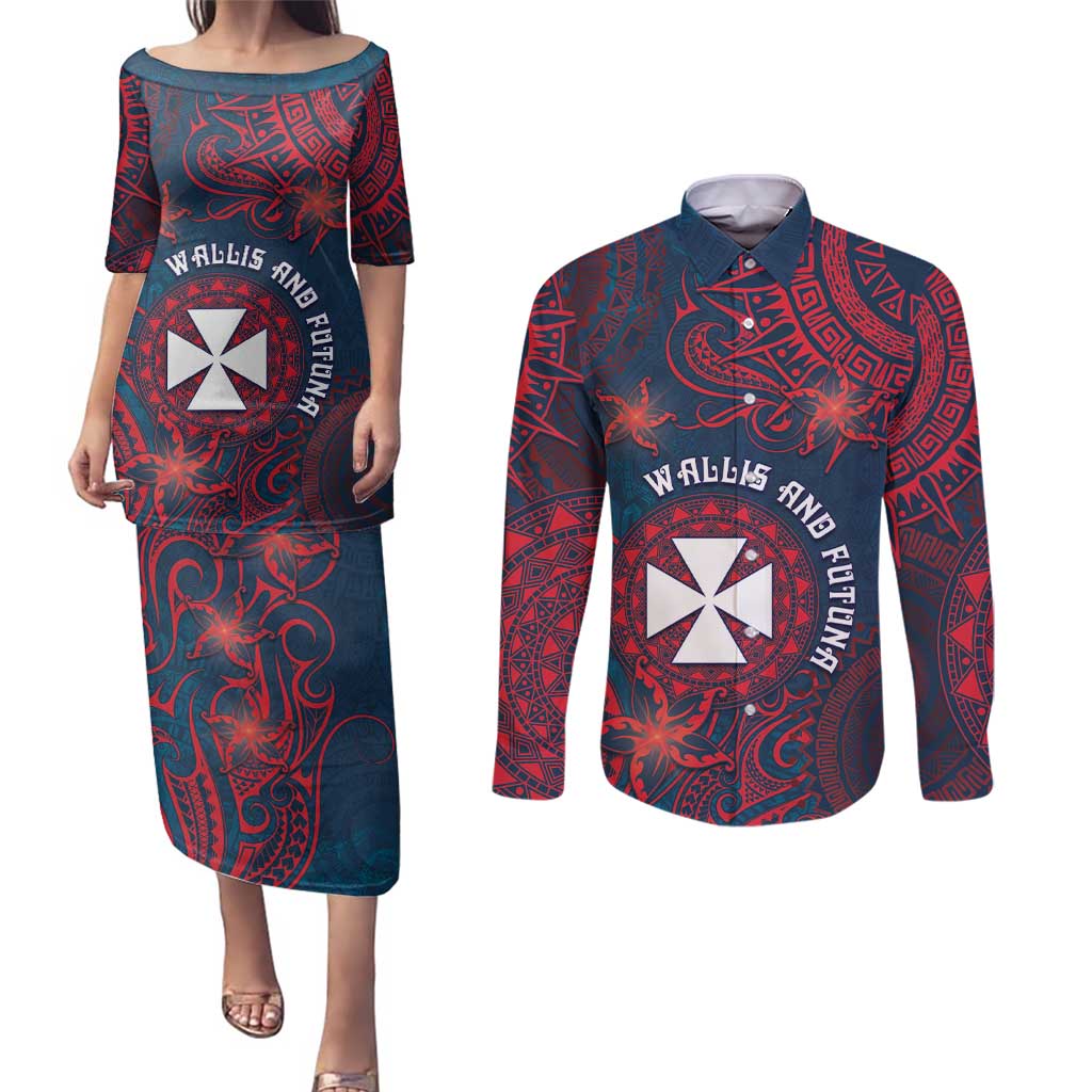 Personalised Wallis And Futuna Couples Matching Puletasi and Long Sleeve Button Shirt Hibiscus Polynesian Tribal Pattern DT05 Navy - Polynesian Pride