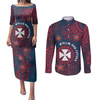 Personalised Wallis And Futuna Couples Matching Puletasi and Long Sleeve Button Shirt Hibiscus Polynesian Tribal Pattern DT05 Navy - Polynesian Pride