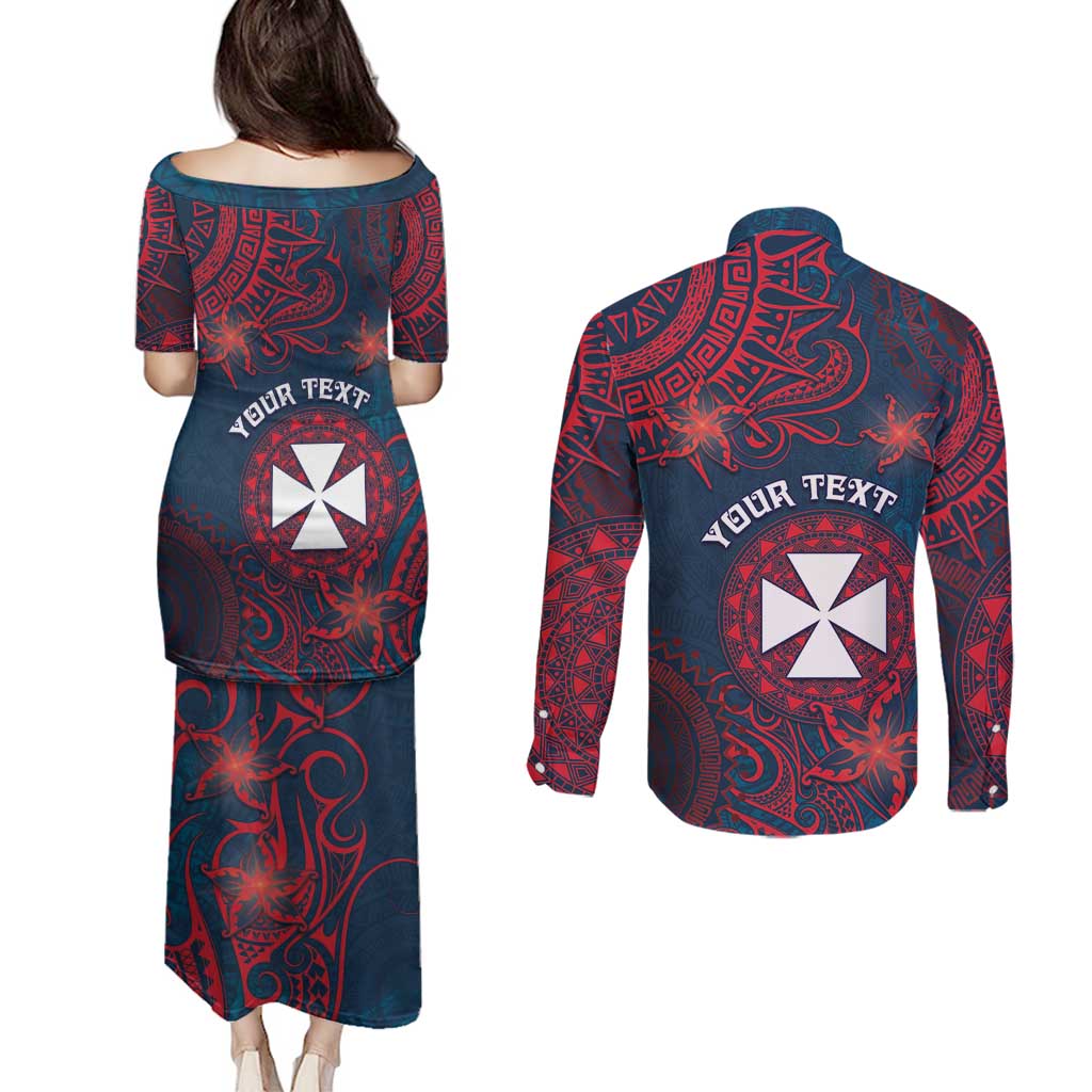 Personalised Wallis And Futuna Couples Matching Puletasi and Long Sleeve Button Shirt Hibiscus Polynesian Tribal Pattern DT05 - Polynesian Pride