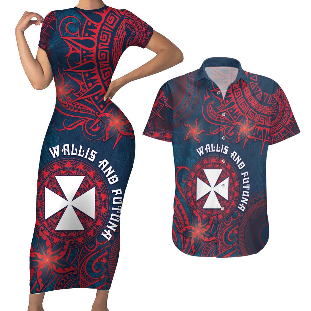 Personalised Wallis And Futuna Couples Matching Short Sleeve Bodycon Dress and Hawaiian Shirt Hibiscus Polynesian Tribal Pattern DT05 Navy - Polynesian Pride