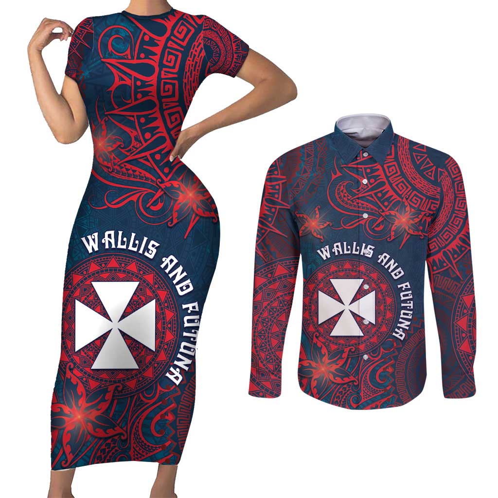 Personalised Wallis And Futuna Couples Matching Short Sleeve Bodycon Dress and Long Sleeve Button Shirt Hibiscus Polynesian Tribal Pattern DT05 Navy - Polynesian Pride