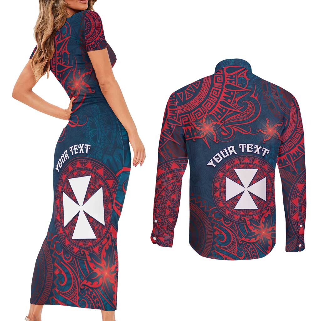 Personalised Wallis And Futuna Couples Matching Short Sleeve Bodycon Dress and Long Sleeve Button Shirt Hibiscus Polynesian Tribal Pattern DT05 - Polynesian Pride