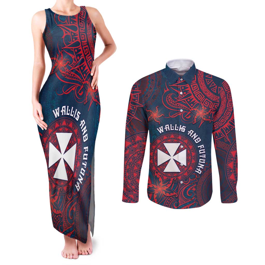 Personalised Wallis And Futuna Couples Matching Tank Maxi Dress and Long Sleeve Button Shirt Hibiscus Polynesian Tribal Pattern DT05 Navy - Polynesian Pride
