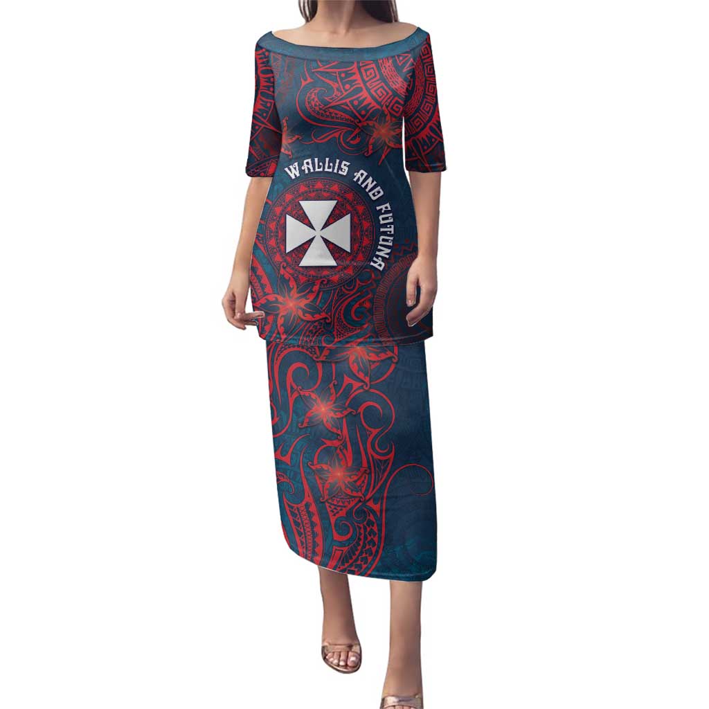 Personalised Wallis And Futuna Family Matching Puletasi and Hawaiian Shirt Hibiscus Polynesian Tribal Pattern DT05 Mom's Dress Navy - Polynesian Pride