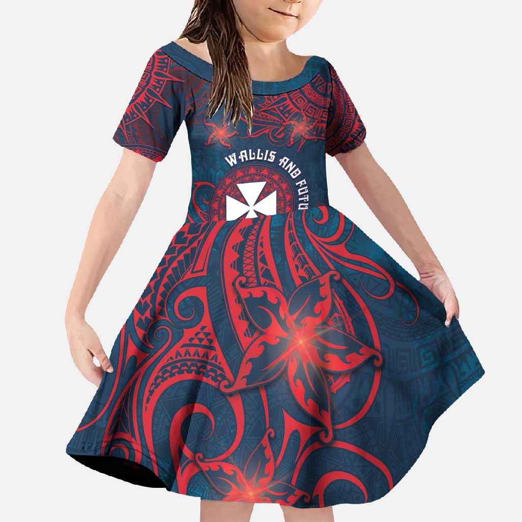 Personalised Wallis And Futuna Family Matching Short Sleeve Bodycon Dress and Hawaiian Shirt Hibiscus Polynesian Tribal Pattern DT05 Daughter's Dress Navy - Polynesian Pride