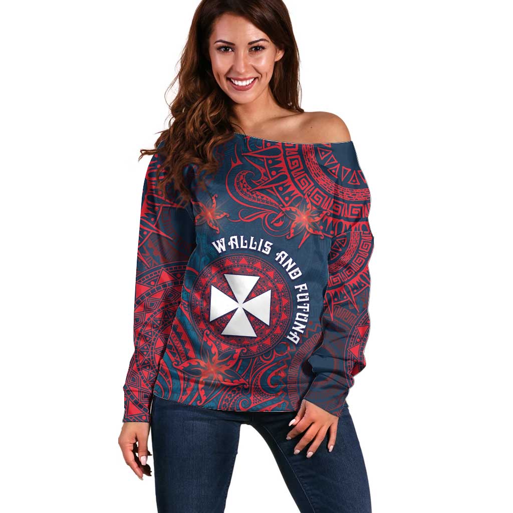 Personalised Wallis And Futuna Off Shoulder Sweater Hibiscus Polynesian Tribal Pattern DT05 Women Navy - Polynesian Pride